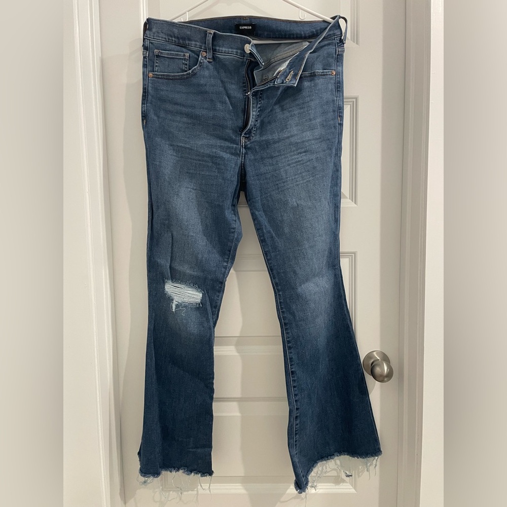 Express Dark Blue Flare High Rise Jeans